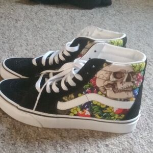 Vans Black and White Skull Floral High-Top Sneakers